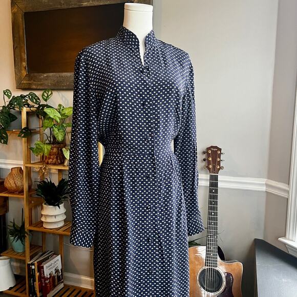 Vintage 90s Navy Long Sleeve Button Front Silk Dress Size 6 Small - Picture 1 of 8